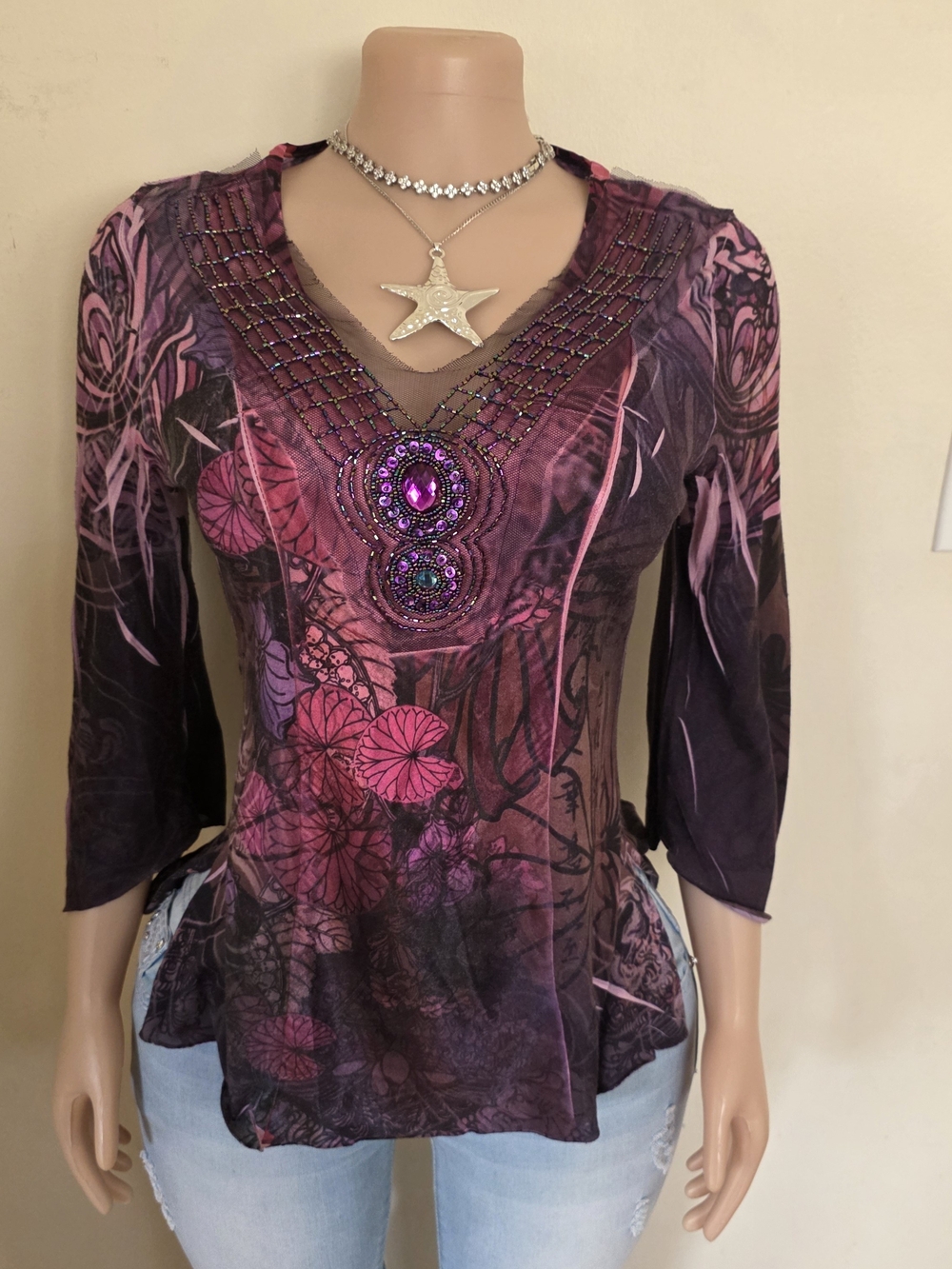 new directions Purple & Pink Beaded V-Neck Floral Top